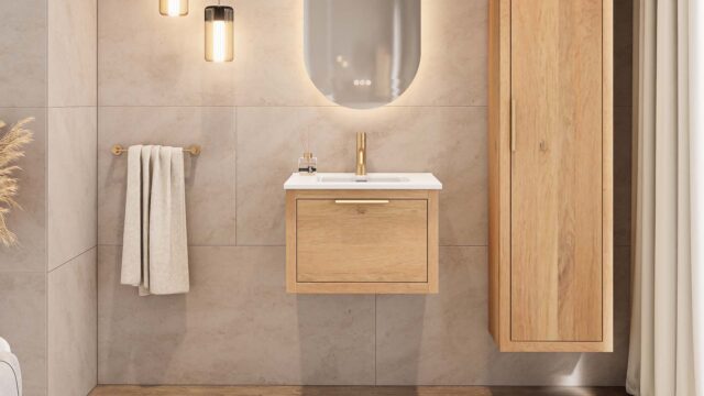Modernes wandhängendes Badmöbel 60 cm aus Natureiche mit glatter Front und Keramikwaschtisch (Premium)