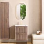 Wandhängendes Badezimmermöbel 60 cm aus dunkler Eiche mit Landhausfront und zwei Softclose-Schubladen