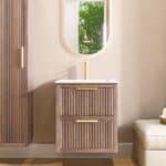 Wandhängendes Badezimmermöbel 60 cm aus dunkler Eiche mit Landhausfront und zwei Softclose-Schubladen