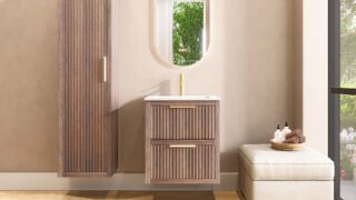 Wandhängendes Badezimmermöbel 60 cm aus dunkler Eiche mit Landhausfront und zwei Softclose-Schubladen