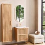 Wandhängendes Badezimmermöbel 60 cm aus Natureiche mit Riffelfront und zwei Softclose-Schubladen