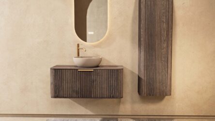 Rundes hängendes Badezimmermöbel 100 cm aus dunkler Eiche mit Riffelfront, Eichenholzplatte und beige Kalksteinbecken