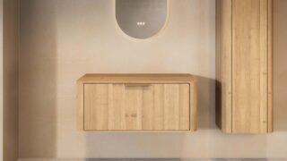 Wandhängender runder Badezimmer-Unterschrank 100 cm aus Natureiche mit abgerundeten Ecken und glatter Front