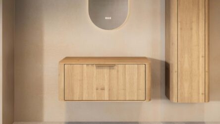 Wandhängender runder Badezimmer-Unterschrank 100 cm aus Natureiche mit abgerundeten Ecken und glatter Front