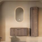 Wandhängender runder Badezimmer-Unterschrank 100 cm aus dunkler Eiche mit abgerundeten Ecken und glatter Front