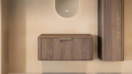 Wandhängender runder Badezimmer-Unterschrank 100 cm aus dunkler Eiche mit abgerundeten Ecken und glatter Front