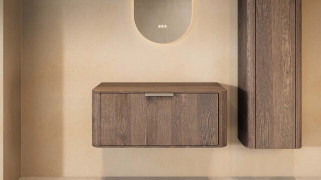Wandhängender runder Badezimmer-Unterschrank 100 cm aus dunkler Eiche mit abgerundeten Ecken und glatter Front