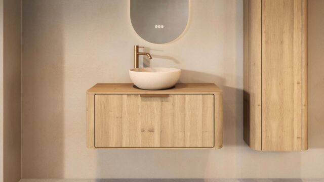 Rundes hängendes Badezimmermöbel 100 cm aus Natureiche mit glatter Front, Eichenholzplatte und beige Kalksteinbecken