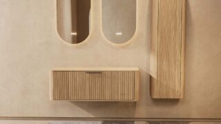 Wandhängender runder Badezimmer-Unterschrank 120 cm aus Natureiche mit abgerundeten Ecken, Riffelfront und doppel-Konfigurati