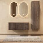 Wandhängender runder Badezimmer-Unterschrank 120 cm aus dunkler Eiche mit abgerundeten Ecken, Riffelfront und doppel-Konfigur