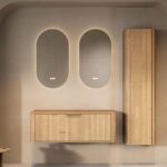 Wandhängender runder Badezimmer-Unterschrank 120 cm aus Natureiche mit abgerundeten Ecken, glatter Front und doppel-Konfigura