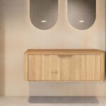 Wandhängender runder Badezimmer-Unterschrank 120 cm aus Natureiche mit abgerundeten Ecken, glatter Front und doppel-Konfigura