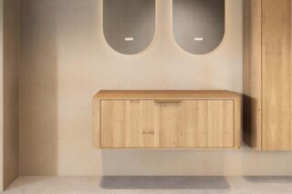 Wandhängender runder Badezimmer-Unterschrank 120 cm aus Natureiche mit abgerundeten Ecken, glatter Front und doppel-Konfigura
