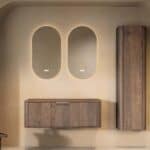 Wandhängender runder Badezimmer-Unterschrank 120 cm aus dunkler Eiche mit abgerundeten Ecken, glatter Front und doppel-Konfig
