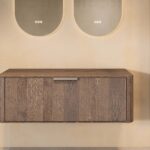 Wandhängender runder Badezimmer-Unterschrank 120 cm aus dunkler Eiche mit abgerundeten Ecken, glatter Front und doppel-Konfig