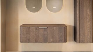 Wandhängender runder Badezimmer-Unterschrank 120 cm aus dunkler Eiche mit abgerundeten Ecken, glatter Front und doppel-Konfig