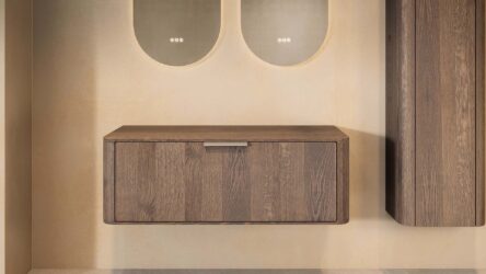Wandhängender runder Badezimmer-Unterschrank 120 cm aus dunkler Eiche mit abgerundeten Ecken, glatter Front und doppel-Konfig
