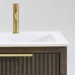 Wandhängendes Badezimmermöbel 60 cm aus dunkler Eiche mit zwei Schubladen und matt-weißer Mineralguss-Waschtisch (wandhängend