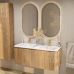 Rundes wandhängendes Badmöbel 120 cm aus Natureiche mit Riffelfront und matt-weißer Mineralguss mit zwei Waschbecken