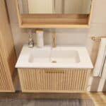Wandhängendes Badezimmermöbel 80 cm aus Natureiche mit eine Schublade und matt-weißer Mineralguss-Waschtisch (modern)