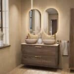 Wandhängendes Badezimmermöbel 120 cm aus dunkler Eiche mit zwei Schubladen und beige Kalksteinwaschtisch (trendy)