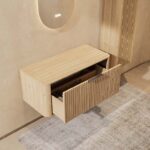 Wandhängender runder Badezimmer-Unterschrank 100 cm aus Natureiche mit abgerundeten Ecken und Riffelfront