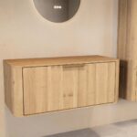 Wandhängender runder Badezimmer-Unterschrank 100 cm aus Natureiche mit abgerundeten Ecken und glatter Front