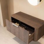 Wandhängender runder Badezimmer-Unterschrank 100 cm aus dunkler Eiche mit abgerundeten Ecken und glatter Front