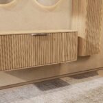 Wandhängender runder Badezimmer-Unterschrank 120 cm aus Natureiche mit abgerundeten Ecken, Riffelfront und doppel-Konfigurati