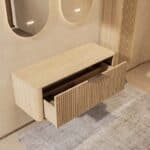 Wandhängender runder Badezimmer-Unterschrank 120 cm aus Natureiche mit abgerundeten Ecken, Riffelfront und doppel-Konfigurati