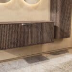 Wandhängender runder Badezimmer-Unterschrank 120 cm aus dunkler Eiche mit abgerundeten Ecken, Riffelfront und doppel-Konfigur