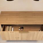 Wandhängender runder Badezimmer-Unterschrank 120 cm aus Natureiche mit abgerundeten Ecken, glatter Front und doppel-Konfigura
