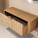 Wandhängender runder Badezimmer-Unterschrank 120 cm aus Natureiche mit abgerundeten Ecken, glatter Front und doppel-Konfigura