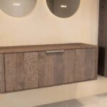 Wandhängender runder Badezimmer-Unterschrank 120 cm aus dunkler Eiche mit abgerundeten Ecken, glatter Front und doppel-Konfig