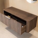 Wandhängender runder Badezimmer-Unterschrank 120 cm aus dunkler Eiche mit abgerundeten Ecken, glatter Front und doppel-Konfig