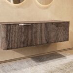 Wandhängender runder Badezimmer-Unterschrank 140 cm aus dunkler Eiche mit abgerundeten Ecken und Riffelfront