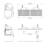 Wandhängendes Badezimmermöbel 160 cm aus dunkler Eiche mit eine Schublade und weißes Solid-Surface-Aufsatzbecken