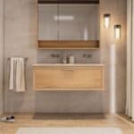 Wandhängendes Badezimmermöbel 120 cm aus Natureiche mit eine Schublade und Beton-beiger Waschtisch (Massivholz)