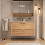Wandhängendes Badezimmermöbel 120 cm aus Natureiche mit zwei Schubladen und Beton-beiger Waschtisch (elegant)