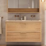 Wandhängendes Badezimmermöbel 120 cm aus Natureiche mit zwei Schubladen und Beton-beiger Waschtisch (elegant)