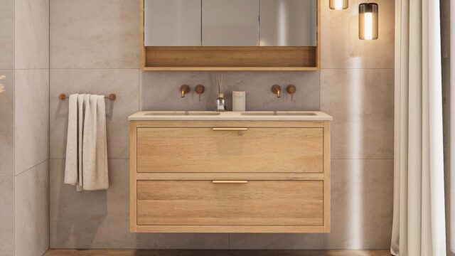 Wandhängendes Badezimmermöbel 120 cm aus Natureiche mit zwei Schubladen und Beton-beiger Waschtisch (elegant)