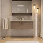 Wandhängendes Badezimmermöbel 120 cm aus dunkler Eiche mit eine Schublade und Beton-beiger Waschtisch (elegant)