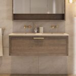 Wandhängendes Badezimmermöbel 120 cm aus dunkler Eiche mit eine Schublade und Beton-beiger Waschtisch (elegant)