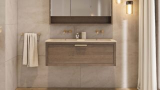 Wandhängendes Badezimmermöbel 120 cm aus dunkler Eiche mit eine Schublade und Beton-beiger Waschtisch (elegant)