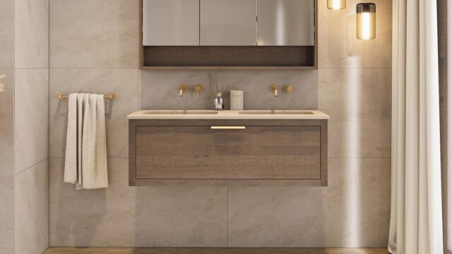 Wandhängendes Badezimmermöbel 120 cm aus dunkler Eiche mit eine Schublade und Beton-beiger Waschtisch (elegant)