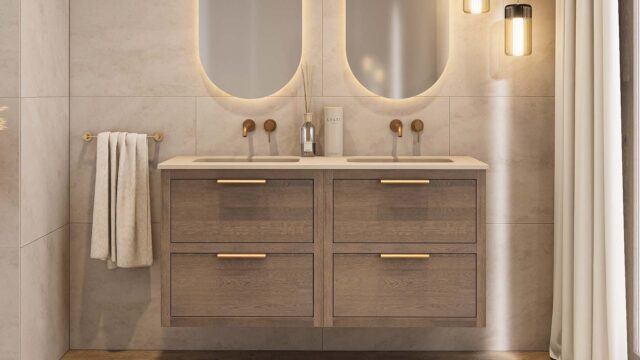 Wandhängendes Badezimmermöbel 140 cm aus dunkler Eiche mit zwei Schubladen und Beton-beiger Waschtisch (Top-Qualität)