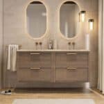 Wandhängendes Badezimmermöbel 160 cm aus dunkler Eiche mit zwei Schubladen und Beton-beiger Waschtisch (elegant)