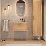 Wandhängendes Badezimmermöbel 70 cm aus Natureiche mit eine Schublade und Beton-beiger Waschtisch (Premium)