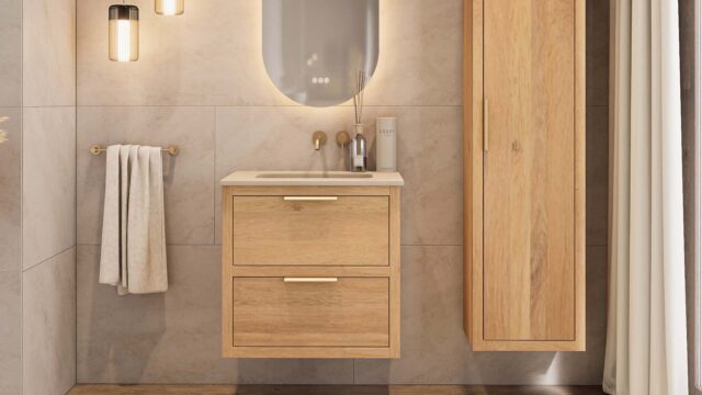 Wandhängendes Badezimmermöbel 70 cm aus Natureiche mit zwei Schubladen und Beton-beiger Waschtisch (Premium)
