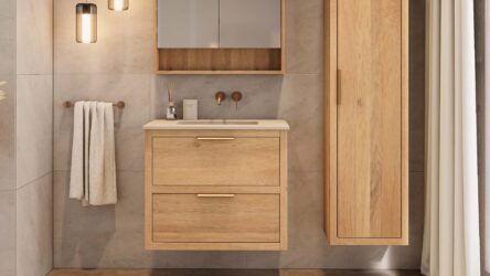 Wandhängendes Badezimmermöbel 80 cm aus Natureiche mit zwei Schubladen und Beton-beiger Waschtisch (elegant)